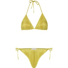Piliseli Saten Neon Yeşil Üçgen Bikini Takım
