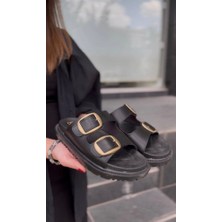 Çift Şeritli Toka Detaylı Düz Tabanlı Vegan 4 cm Topuklu Siyah Günlük Kadın Terlik