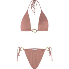 Aksesuarlı Koyu Kahverengi Uzun Üçgen Bikini Takım