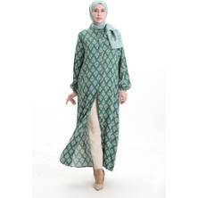 Sefa Merve Boydan Düğmeli Desenli Elbise 0124-01 Yeşil