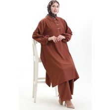 Sefa Merve Gömlek Yaka Tunik Pantolon Ikili Takım 0123-01 Kahverengi
