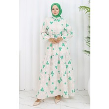 Sefa Merve Yarım Düğmeli Keten Elbise 2099-03 Bej Yeşil