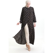 Sefa Merve Boydan Düğmeli Desenli Elbise 0124-04 Siyah Bej