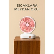 Pembe 2 Kademeli Mini Masaüstü Fan – Sessiz, USB Şarjlı, 4 Pervaneli