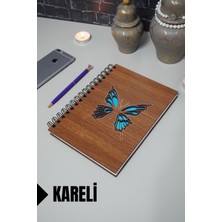 Kelebek Temalı Ahşap Kapaklı Defter - Kareli Defter - Ajanda - Okul Defteri (A5 - 120 Sayfa)