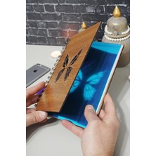 Kelebek Temalı Ahşap Kapaklı Defter - Kareli Defter - Ajanda - Okul Defteri (A5 - 120 Sayfa)