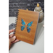 Kelebek Temalı Ahşap Kapaklı Defter - Kareli Defter - Ajanda - Okul Defteri (A5 - 120 Sayfa)