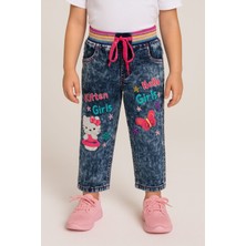 Hello Kitty Desenli Taşlanmış Kot Görünümlü Renkli Nakışlı Jogger Kız Çocuk Pantolon