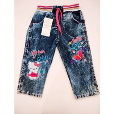 Hello Kitty Desenli Taşlanmış Kot Görünümlü Renkli Nakışlı Jogger Kız Çocuk Pantolon