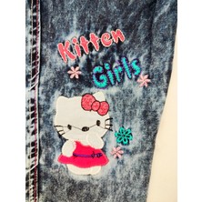 Hello Kitty Desenli Taşlanmış Kot Görünümlü Renkli Nakışlı Jogger Kız Çocuk Pantolon