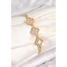 Pirinç Zirkon Taşlı Yonca Model Gold Renk Kadın Bileklik - TJ-BB7545