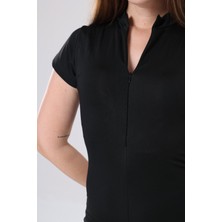 Kadın Siyah Önden Fermuar Detaylı Hem Gündelik Hem Deniz Havuz Yüzücü Şortlu Mayo Tulum