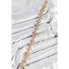 Pirinç Zirkon Taşlı Pembe Yonca Baget Model Gold Renk Vıp Seri Kadın Bileklik - Bamido