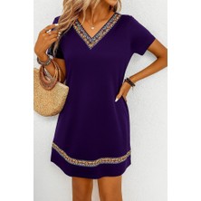 Kadın Kısa Kollu V Yakalı Etnik Desen Şerit Detaylı Viskon Elbise