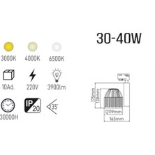 30-40W Beyaz Kasa LED Ray Spot | Ilık Beyaz Işık LED Aydınlatma| Samsung Çip