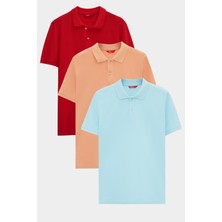 Ds Damat Regular Fit Kırmızı/kayısı/açık Turkuaz Pike Dokulu %100 Pamuk Polo Yaka T-Shirt 6HC14ORTBN510