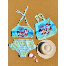Kız Çocuk Karakter Baskılı Eteği Fırfırlı- Ip Bağlamalı Çanta Mayo Bikini 3 Lü Takım