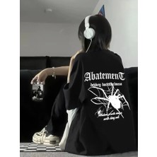 Ipeksi Baskılı Oversize Bisiklet Yaka T-Shirt - Siyah