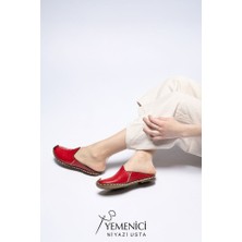 Yemenici Niyazi Usta Kadın Hakiki Deri El Yapımı Kırmızı Terlik - Geleneksel & Rahat Günlük Yemeni Terlik - Yazlık Terlik