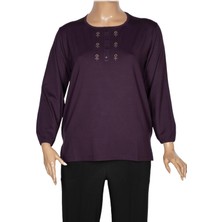 Cimariva Kadın Neşe Büyük Beden O Yaka Robası Nakışlı Mürdüm Bluz