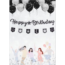Deniz Parti Yıldız Siyah Gümüş Happy Birthday Kaligrafi ve Banner Set