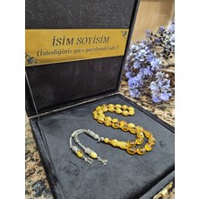 Zikir Tesbih Ateş Kehribar Kadife Kutulu Tesbih, 8 x 12 mm Sıkma Kehribar Gümüş Kaplama 29,5 cm Uzunluk