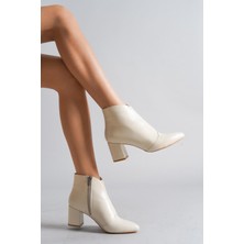 Tarçın Hakiki Deri Krem Kadın Topuklu Deri Bot TRC102-1924