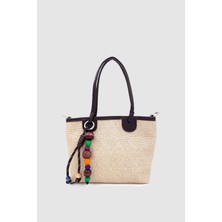 Osyna Renkli Ahşap Charm Detaylı Çapraz Askılı Hasır El, Kol ve Omuz Çantası Acı Kahve