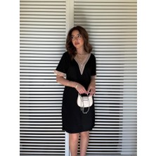 Ipeksi Kadın V Yaka Güpürlü Iki Iplik Elbise