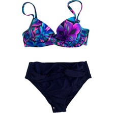 Kadın Lacivert Fuşya Çiçek Desenli Astarlı Büyük Beden Bikini Takımı HZL25S-LC24108