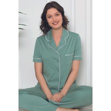 Kadın Mor Kısa Kollu Önden Düğmeli Cepli Biyeli Likralı Pijama Takımı