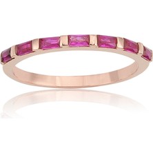 Fasek Gold Gümüş Yüzük - Ruby Taşlı Sıralı Baget Modern 925 Ayar Gümüş Yüzük-Modern Eklem Hediyelik Gümüş Yüzük