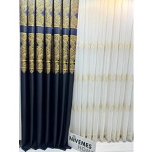Nivemeshome Milas Lacivert-Gold 671539 1/3 Sık Pileli Fon Perde Apm