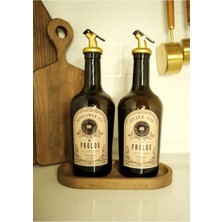 Home Ahşap Stantlı 2'li Amber Gold Tıpalı 500 ml Cam Ayçiçek Yağı Zeytinyağı Şişesi Yağdanlık