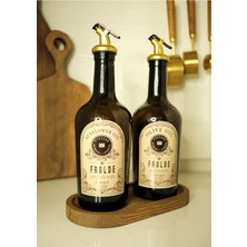Home Ahşap Stantlı 2'li Amber Gold Tıpalı 500 ml Cam Ayçiçek Yağı Zeytinyağı Şişesi Yağdanlık