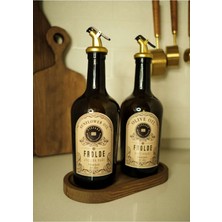 Home Ahşap Stantlı 2'li Amber Gold Tıpalı 500 ml Cam Ayçiçek Yağı Zeytinyağı Şişesi Yağdanlık
