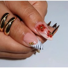 By Maya Beauty Nail 24'lü Çiçek ve Ombre Baskı Detaylı Gold Charm İşlemeli Leopar Badem Jel Protez Takma Tırnak