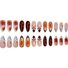 By Maya Beauty Nail 24'lü Çiçek ve Ombre Baskı Detaylı Gold Charm İşlemeli Leopar Badem Jel Protez Takma Tırnak