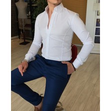 Terzi Adem İtalyan Stil Slim Fit Dik Yaka Saten Erkek Gömlek Beyaz T4754