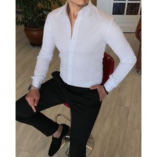 Terzi Adem İtalyan Stil Slim Fit Dik Yaka Saten Erkek Gömlek Beyaz T4754