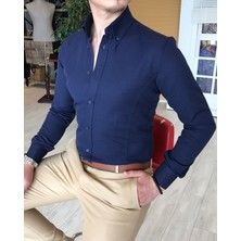 Terzi Adem İtalyan Stil Slim Fit Dik Yaka Saten Erkek Gömlek Koyu Lacivert T4740
