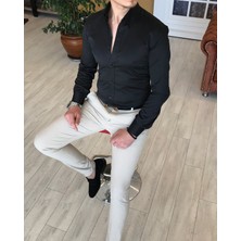 Terzi Adem İtalyan Stil Slim Fit Dik Yaka Saten Erkek Gömlek Siyah T4739
