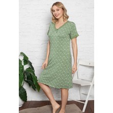 Desenli Kısa Kollu Likralı Esnek Viskon Fiyonklu Dantelli  Gecelik