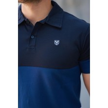 Erkek Polo Yaka Lacivert Mavi Beyaz Renk Bloklu %100 Pamuk Tişört - 2532
