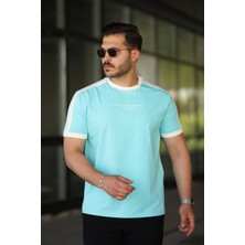 Erkek Bisiklet Yaka Mint Yeşili Krem Şerit Detaylı Nakışlı %100 Pamuk Tişört - 2533