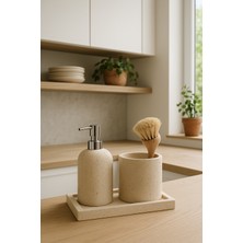 Akayev Mermer Traverten 3 Parça Gümüş Banyo Seti Mutfak Sıvı Sabunluk Seti