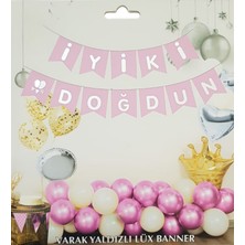 Deniz Parti Pembe Gümüş Yaldızlı Iyiki Doğdun Uzar Banner