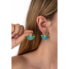 Altın Renkli Mavi Mineli Etnik Tasarımlı Geçmeli Küpe