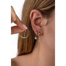 INNUENDO JEWELRY Altın Renkli Sallantılı ve Halkalı Taşlı Üçlü Küpe Seti Zirkon Taşlı Kadın Şık Zarif Küpe Seti