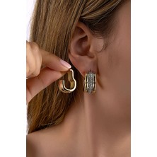 INNUENDO JEWELRY Altın Renkli Rodajlı Üç Sıra Görünümlü Taşlı Küpe Zirkon Taşlı Kadın Şık Zarif Küpe